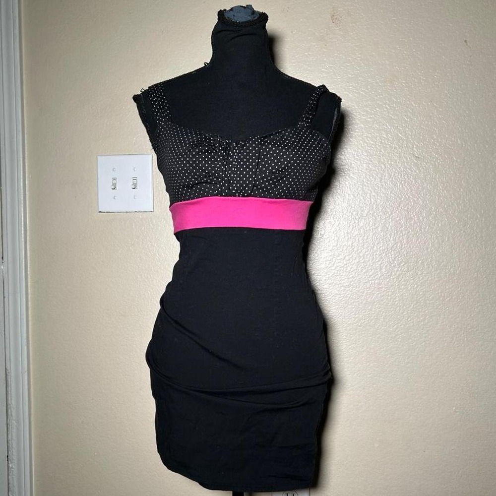 Windsor Black Mini Dress Pink Band Polka Dot Bust Ruched Bodycon Y2K Size 7 M